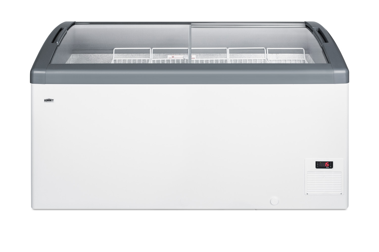 Curved top commercial ice cream freezer made in Denmark, with sliding glass lid, digital thermostat, novelty baskets, and 14.8 cu.ft. interior